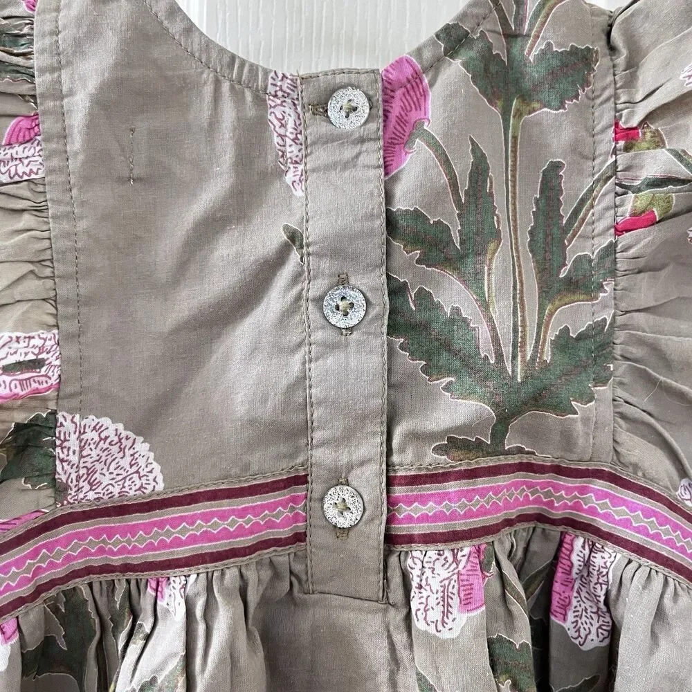 Pink Chicken Olive Green Floral Romper Side Bows Cotton Girls Size 6-12 Months